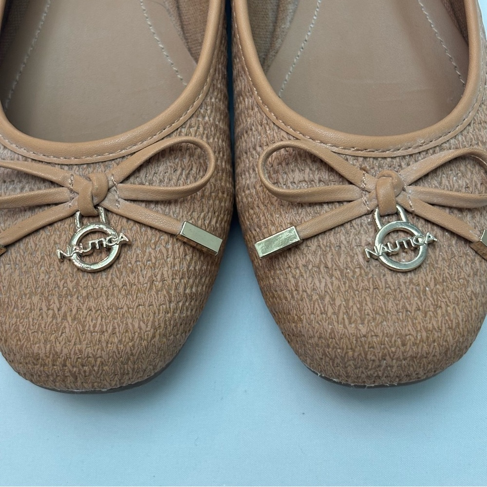 Nautica Women's Woven Tan Ballet Flats Bow Charm Round Toe